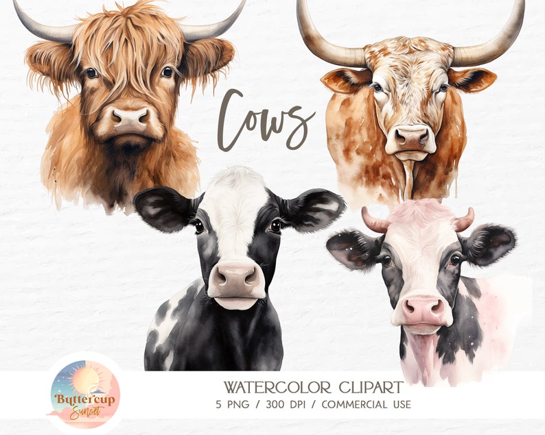 5 Cows Watercolor Clipart PNG Digital Download Farm Cow - Etsy