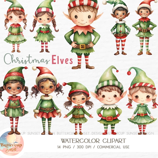 14 Elfos de Navidad Acuarela Clipart PNG Descarga digital / Elfo de Navidad Niño y Niña Elfo Letras Clipart / Elfos de piel oscura PNG Clipart