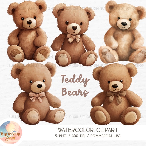 5 Teddy Bear Watercolor Clipart PNG Digital Download | Teddy Bear Baby Shower Birthday Nursery Transparent Background PNG Clipart