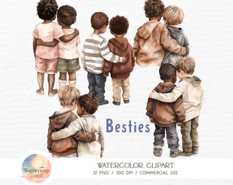 12 Boys Besties Watercolor Clipart PNG Digital Download | Kids Best Friends Clipart BFF Friends Forever PNG | Kids Besties Brothers Clipart