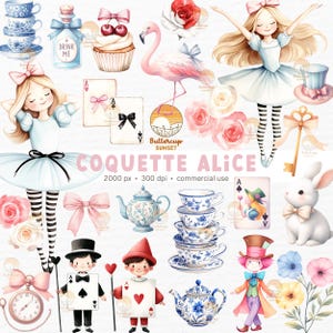 30 Kokette Ästhetik Alice im Wunderland Aquarell Clipart PNG Digital Download | Rosa Coquette Schleife Teeparty Dekor Chinoiserie Tea Party