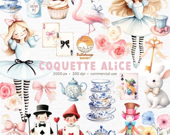 30 Coquette Aesthetic Alice in Wonderland Watercolor Clipart PNG Digital Download | Pink Coquette Bow Tea Party Decor Chinoiserie Tea Party