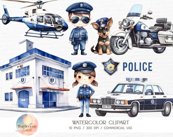 May include: Watercolor clipart set featuring a police car, police officer, police dog, police motorcycle, police helicopter, and a police station building. The clipart is perfect for creating invitations, cards, and other crafts.