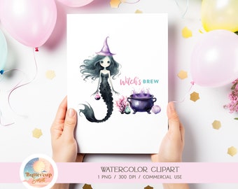 Mermaid Witch's Brew Under The Sea Halloween Watercolor Clipart PNG Digital Download | Halloween Mermaid Sea Witch PNG Sea Halloween Clipart