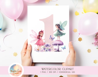 Fairy One Watercolor Clipart PNG Digital Download | Fairy First Birthday Garden Fairy Enchanted Forest Fairy Birthday Decor Printable PNG