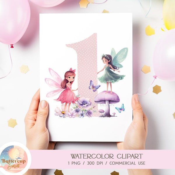 Fairy One Aquarell Clipart PNG digitaler Download | Fee Erster Geburtstag Gartenfee Verzauberte Waldfee Geburtstag Dekor Printable PNG