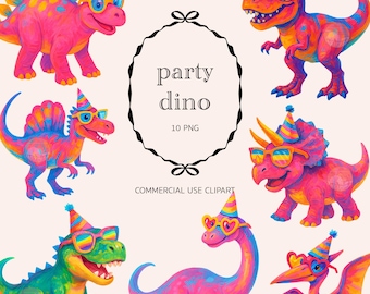 Party Dinosaurs Clipart: Colorful Wild Dino Birthday (PNG Digital Download)