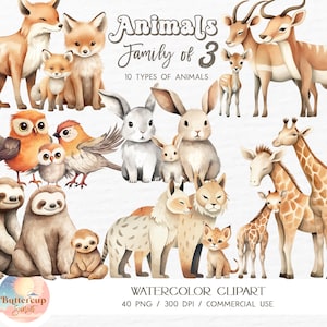 40 Family of Three Animals Watercolor Clipart PNG Digital Download | Family of 3 Art PNG | Cute Animal Family of 3 Baby Nursery PNG