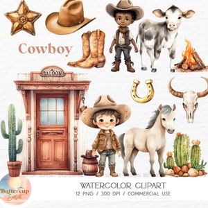 12 Cowboy Aquarell Clipart PNG Digitaler Download | Boho Western Niedlicher Cowboy PNG Clipart | Wild West Cowboy Erster Rodeo Geburtstag PNG Clipart