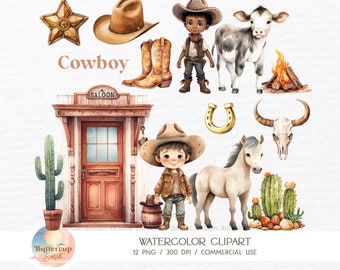 12 Cowboy Watercolor Clipart PNG Digital Download | Boho Western Cute Cowboy PNG Clipart | Wild West Cowboy First Rodeo Birthday PNG Clipart