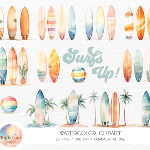 25 Surf's Up surfen surfplank aquarel clipart PNG digitale download | The Big One verjaardag surfplank clipart | Surfmuurkunst, png