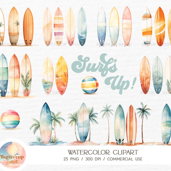25 Surf's Up Surfing Surfboard Watercolor Clipart PNG Digital Download | The Big One Birthday Surfboard Clipart | Surfing Wall Art PNG