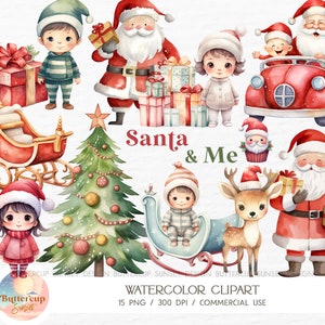 15 Papai Noel e Crianças Aquarela Clipart PNG Download Digital | Natal menino menina papai noel clipart | Árvore de Natal, trenó de renas do Papai Noel PNG