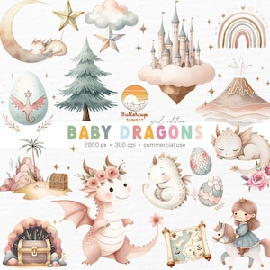 22 niñas bebés dragones acuarela clipart PNG descarga digital / lindos dragones bohemios con purpurina clipart / fiesta mágica de cumpleaños de dragón PNG clipart