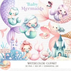 20 bébés sirènes aquarelle Clipart PNG en téléchargement numérique | Queues de sirène pastel bébé sirènes sur queues Clipart | Fête prénatale sirène PNG