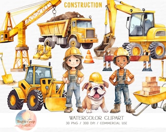 30 Construction Watercolor Clipart PNG | Construction Site Vehicles Excavator Bulldozer PNG Clipart | Construction Birthday Nursery Clipart