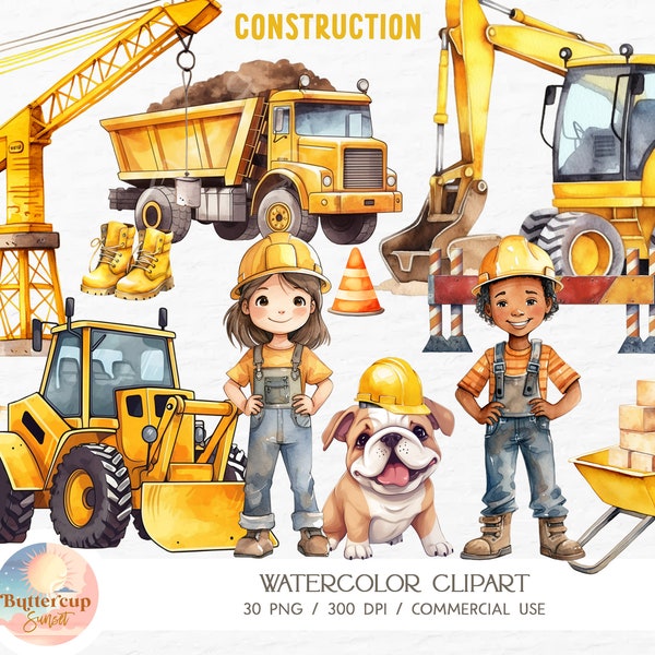 30 Construction Watercolor Clipart PNG | Construction Site Vehicles Excavator Bulldozer PNG Clipart | Construction Birthday Nursery Clipart