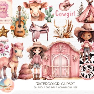 Könnte beinhalten: Aquarell-Clipart-Set mit einer Cowgirl, einem Pferd, einem Stall, einer Gitarre, einem Schädel, einem Kaktus, einem Zelt und anderen Western-Elementen. Das Set enthält 38 PNG-Dateien mit 300 DPI für kommerzielle Nutzung.