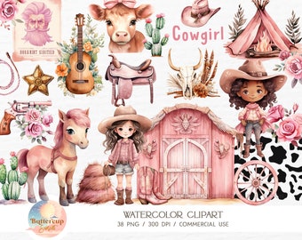 38 Pink Cowgirl Watercolor Clipart PNG Digital Download | Cute Cowgirl Wild West PNG Boho Pink Western Cowgirl First Rodeo Birthday Clipart