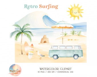Retro Surfing Clipart: Beach Surfing Camper Van Surfboard Surf's Up Birthday (PNG Digital Download)