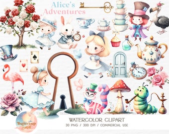 30 Baby Alice in Wonderland Watercolor Clipart PNG Digital Download | Cute Alice Wonderland Clipart | Alice in Onederland Tea Party Clipart