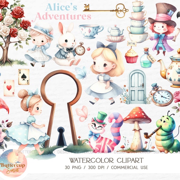 30 Baby Alice in Wonderland Watercolor Clipart PNG Digital Download | Cute Alice Wonderland Clipart | Alice in Onederland Tea Party Clipart