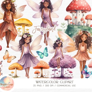 25 Dark Skin Fairies Watercolor Clipart PNG Digital Download | Black Fairies Enchanted Forest Dark Skinned Fairies Black Girl Fairies PNG