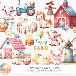 35 Animais de Fazenda Aquarela Clipart PNG Digital Download | Aniversário de celeiro Animais de fazenda fofos | Chamando todos os animais de festa Clipart de aniversário