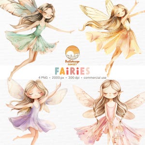 4 Pastel Fairies Watercolor Clipart PNG Digital Download | Fairy Garden Cute Fairy Clipart | Enchanted Forest Colorful Fairies PNG Clipart