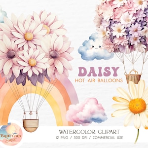 12 Gänseblümchen Heißluftballons Aquarell Clipart PNG Digital Download | Floral Heißluftballons Clipart | Groovy Regenbogen Daisy Ballons Clipart