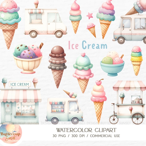 30 Ice Cream Watercolor Clipart PNG Digital Download | Pastel Ice Cream Cone Bowl Ice Cream Truck Clipart | Ice Cream Birthday PNG Clipart