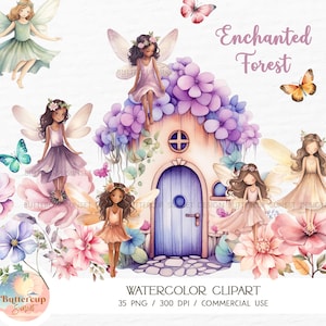 35 Enchanted Forest Fairy Watercolor Clipart PNG Digital Download | Fairy Garden Butterfly Dark Skin Fairies Black Girl Fairies PNG Clipart