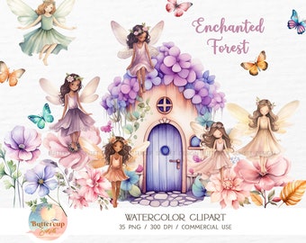 35 Enchanted Forest Fairy Watercolor Clipart PNG Digital Download | Fairy Garden Butterfly Dark Skin Fairies Black Girl Fairies PNG Clipart