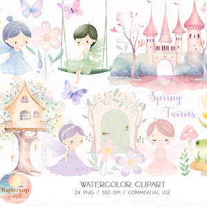 24 Spring Fairies Watercolor Clipart PNG Digital Download | Pastel Fairy Garden Enchanted Forest Clipart | Pastel Fairy Castle Butterfly PNG