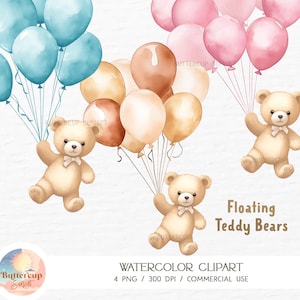 4 ballons flottants nounours en téléchargement aquarelle | Nous pouvons attendre une fête prénatale Ours volant tenant des ballons PNG Clipart