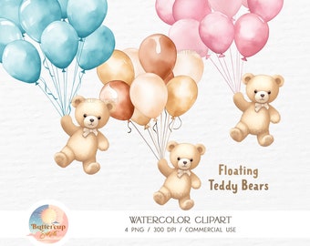 4 Floating Teddy Bär Ballons Aquarell Clipart digitaler Download | We Can Bearly warten Baby Shower Flying Bear Hält Luftballons PNG Clipart