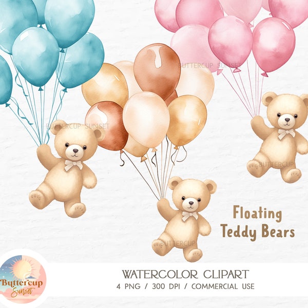 4 Floating Teddy Bear Balloons Watercolor Clipart Digital Download | We Can Bearly Wait Baby Shower Flying Bear Holding Balloons PNG Clipart