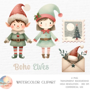 4 Elfos Boho Natal Aquarela Clipart PNG Download Digital | Letras de Elfos Boho PNG Clipart | Elfos Boho Natal Menino Menina Elfo PNG Clipart