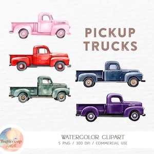 5 Pickup Truck Watercolor Clipart PNG Digital Download | Truck Baby Shower Birthday Decor | High Quality Transparent Background PNG Clipart