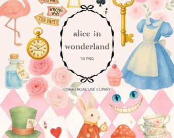 Può includere: Illustrazioni ad acquerello di personaggi ed elementi di Alice nel Paese delle Meraviglie. Include un fenicottero, un orologio da tasca, una chiave, un vestito, carte da gioco, un coniglio, tazze da tè e il testo "alice in wonderland".