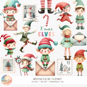 32 Elfen Weihnachten Aquarell Clipart PNG Digital Download | Elf Ankunft Buchstabe PNG Clipart | Weihnachten Brief Cute Boy Elf Mädchen Elfen Clipart