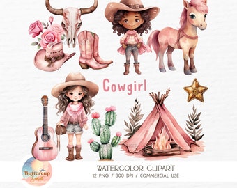 12 Pink Cowgirl Watercolor Clipart PNG Digital Download | Cute Cowgirl Wild West PNG Boho Pink Western Cowgirl First Rodeo Birthday Clipart