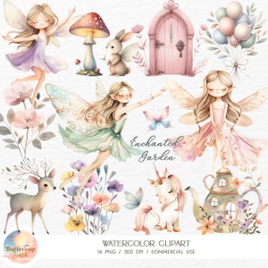 14 Clipart aquarelle pastel forêt enchantée en téléchargement numérique | Jardin féerique des cliparts féerique magique licorne | Clipart anniversaire de fée PNG
