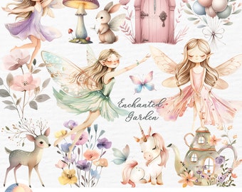 Enchanted Forest Clipart: Pastel Fairy Garden Magical Unicorns & Fairies Birthday (PNG Digital Download)