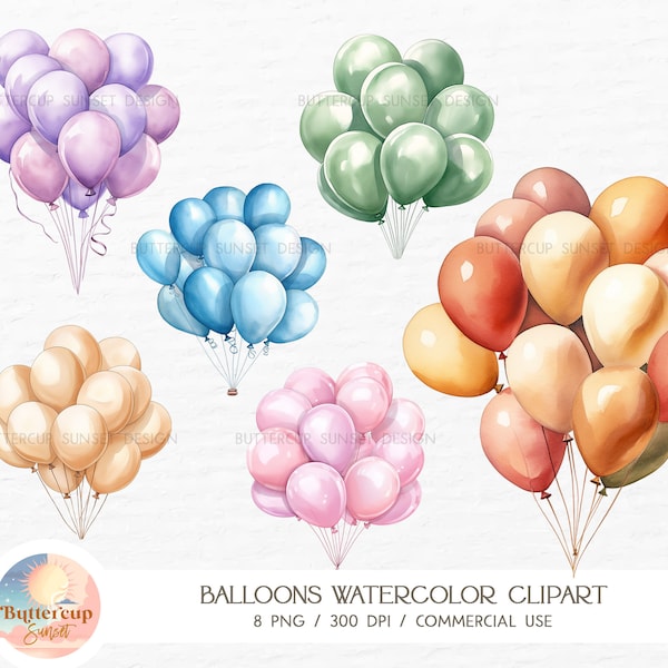 8 Balloons Watercolor Clipart PNG Digital Download | Boho Birthday Balloons Clipart | Baby Shower Birthday Party Watercolor Balloons Clipart