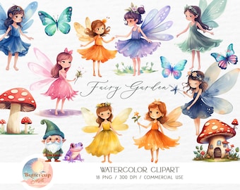 May include: Watercolor clipart set featuring fairies with wings, mushrooms, a gnome, and a frog. The fairies are wearing colorful dresses and have different colored wings. The mushrooms are red with white spots and have a small house on top. The gnome is wearing a green hat and a brown beard. The frog is green with brown spots. The text "Fairy Garden" is written in the center of the image.