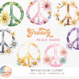 8 Groovy Daisy Peace Signs Acuarela Clipart PNG Descarga digital / Boho Hippie Retro Groovy Peace Sign Clipart / Groovy Cumpleaños Decoración PNG