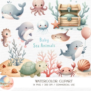 14 baby zeedieren aquarel clipart PNG digitale download | Schattige oceaandieren onderzeese clipart | Onder de zee Babyshower Verjaardag, png