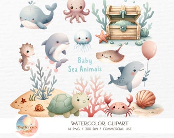 Baby Sea Animals Clipart: Undersea Ocean Animal Under the Sea Birthday (PNG Digital Download)