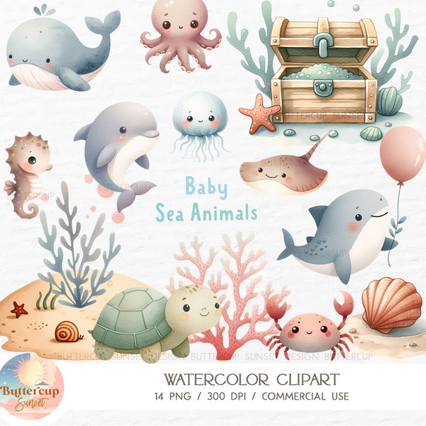 14 Baby Sea Animals Acquerello Clipart PNG Download digitale / Cute Ocean Animals Undersea Clipart / Under The Sea Baby Shower Compleanno PNG
